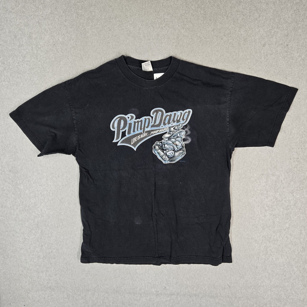 VINTAGE Pimp Dawg Men Shirt XL Black Y2K Dog Spellout Life Is Tuff Pimp Hard